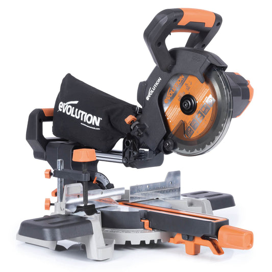 Evolution R185SMS-Li - 850W sliding miter saw, 185mm TCT blade, 45° bevel, 50° angle cuts, 3-year warranty.
