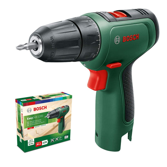 Bosch EasyDrill 1200 - 12V cordless drill, lightweight, compact design, includes cardboard box, no battery included.