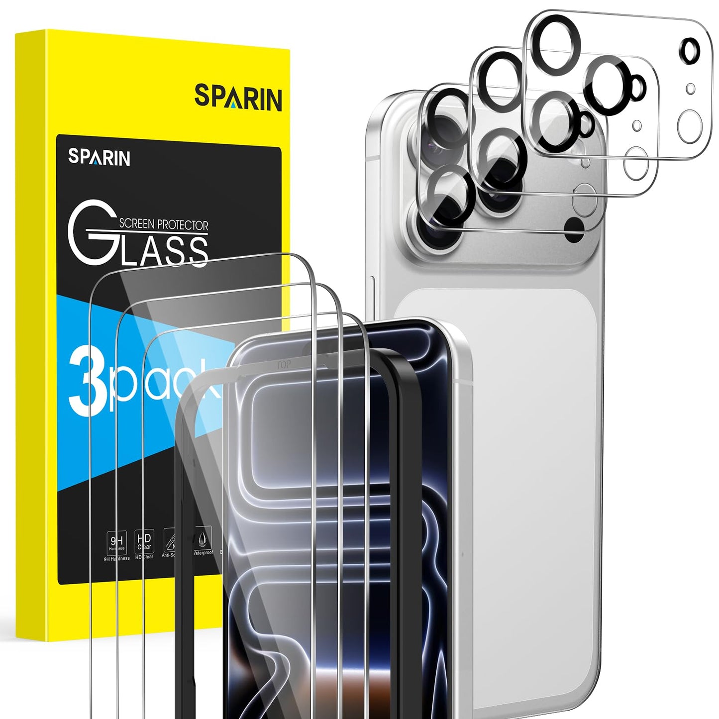 SPARIN rūdīts stikla aizsargstikls iPhone 17 Pro, 3 gab. ekrāna un 3 kameru aizsargi