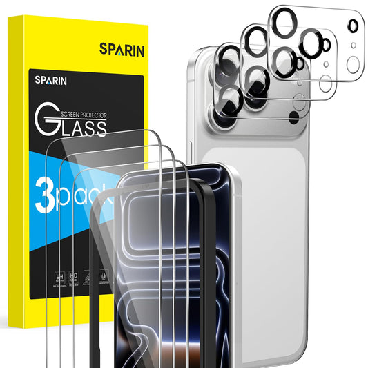 SPARIN rūdīts stikla aizsargstikls iPhone 17 Pro, 3 gab. ekrāna un 3 kameru aizsargi
