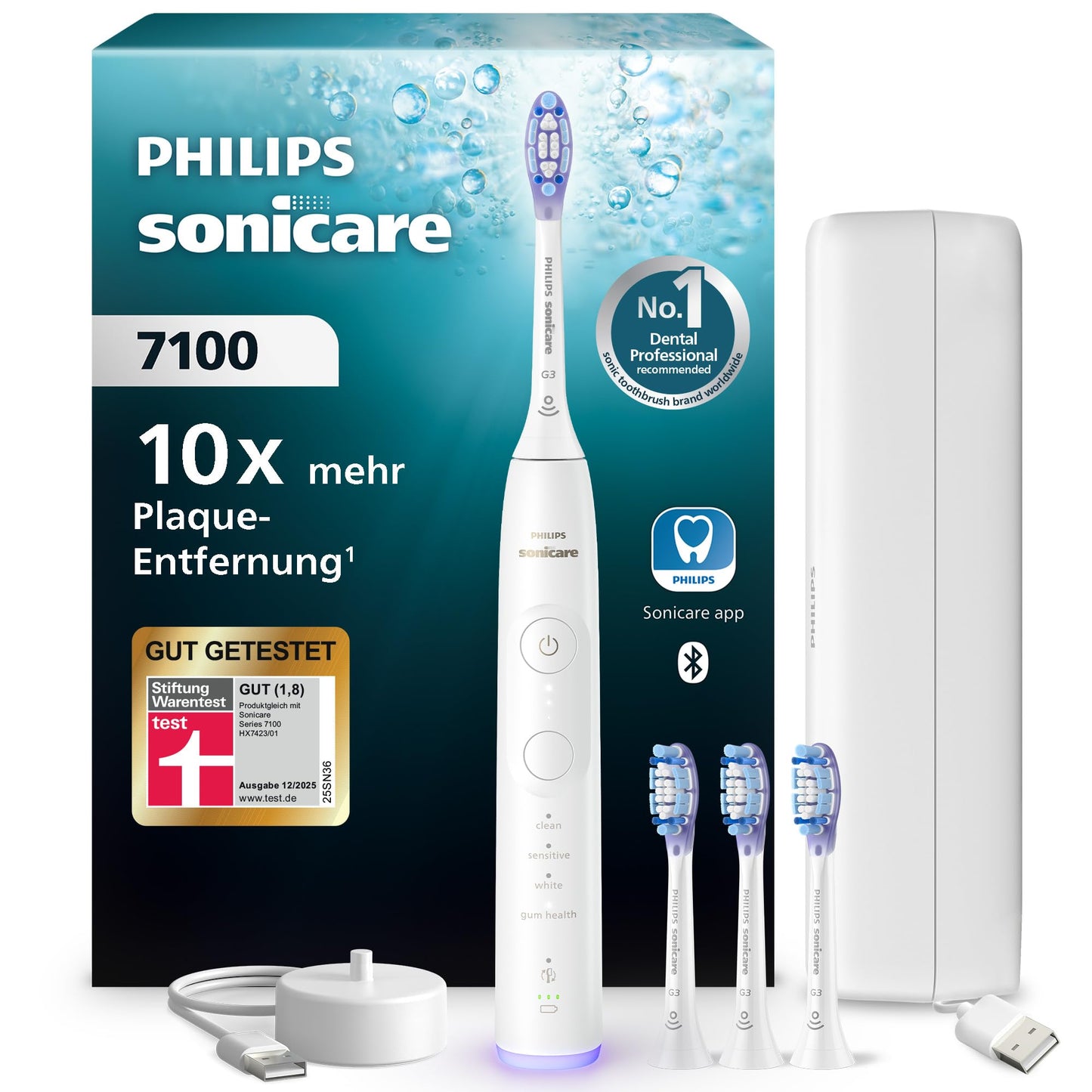 Elektriskā zobu birste Philips Sonicare 7100, soniskā zobu birste ar lietotni, 4 tīrīšanas režīmi un 3 intensitātes līmeņi, spiediena kontrole, EasyStart, SmarTimer, balta, modelis HX7420/08