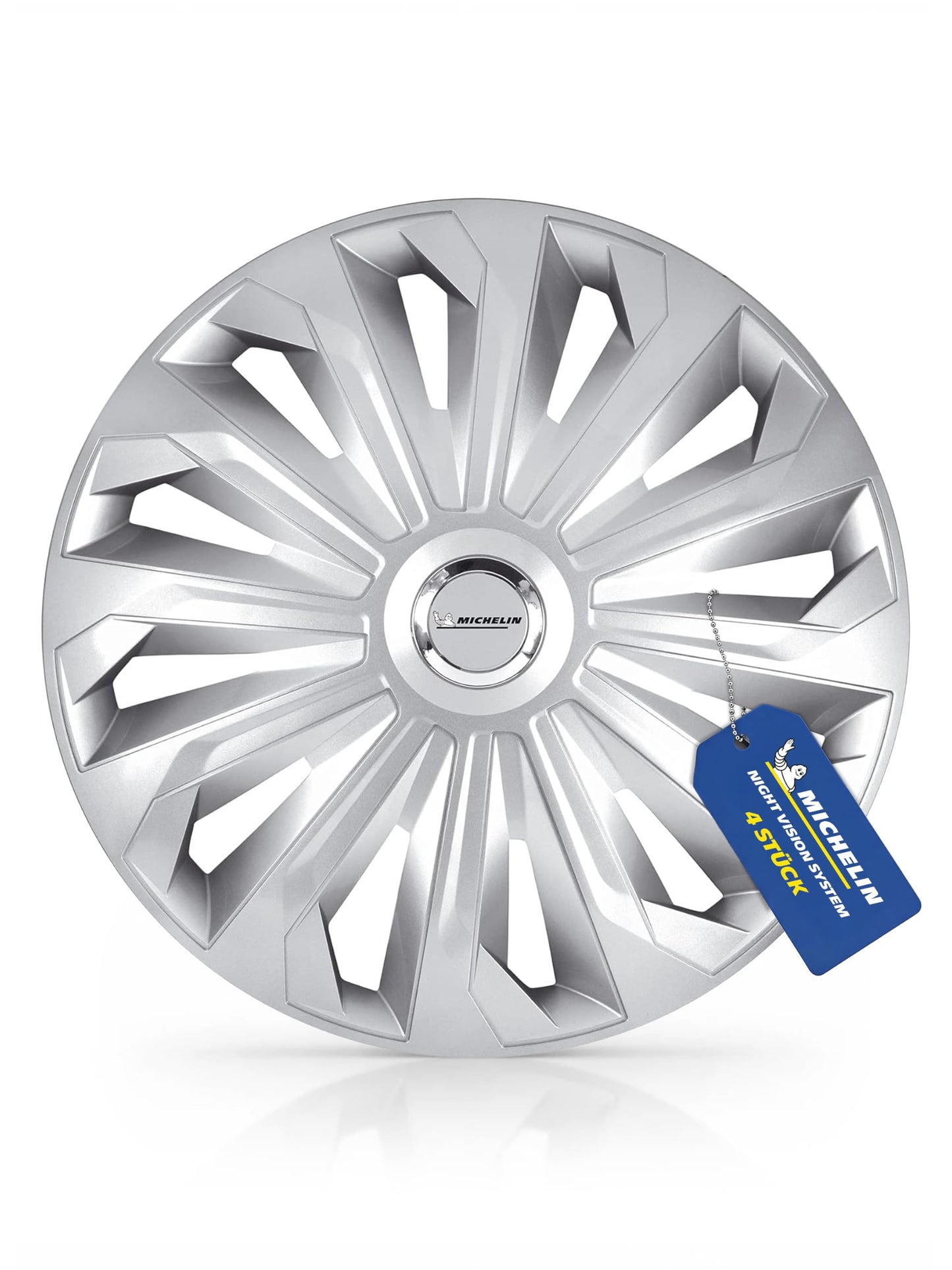 Riteņu dekoratīvās uzlikas Michelin MX-MS 15 collu universālas, 4 gab. komplekts, ABS plastmasa, sudraba ar hroma gredzenu