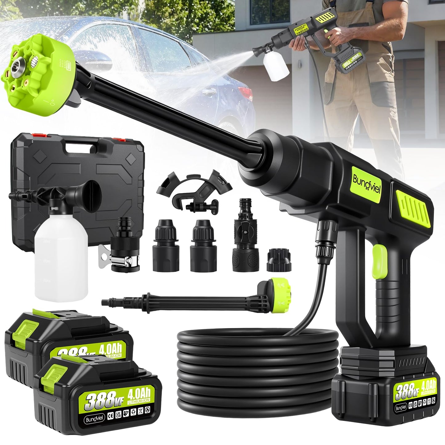 Akumulatora augstspiediena mazgātājs, saderīgs ar Makita akumulatoru, 270L/H mobilais akumulatora spiediena mazgātājs ar 2x4Ah akumulatoru, ar noslēgvārstu, 6-in-1 sprauslu un 5M šļūteni, auto, dārza tīrīšanai un laistīšanai