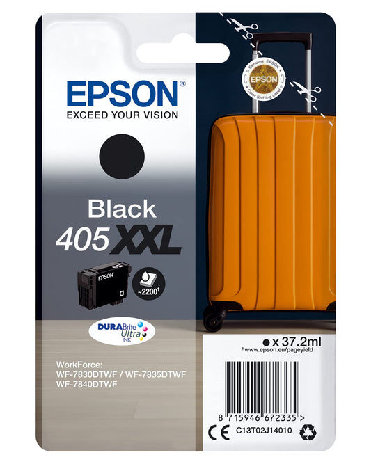 Epson 405XXL – 37.2 ml XXL melna tintes kasetne ar bezvadu trauksmi, saderīga ar Workforce WF-7830DTWF, WF-7835DTWF, WF-7840DTWF.