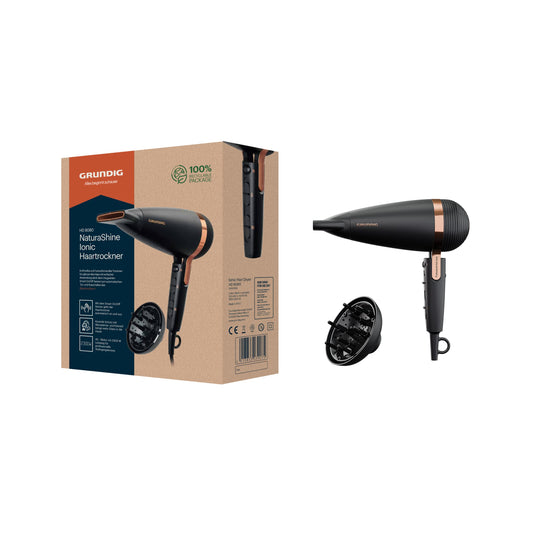 GRUNDIG Naturashine HD 8080 matu fēns ar jonu funkciju, 2 stila uzgaļi, 2300 vati, 3 temperatūras un 2 gaisa plūsmas līmeņi, aukstā režīms, Smart On/Off sensors, 3 m kabelis, melns / rozā zelta.