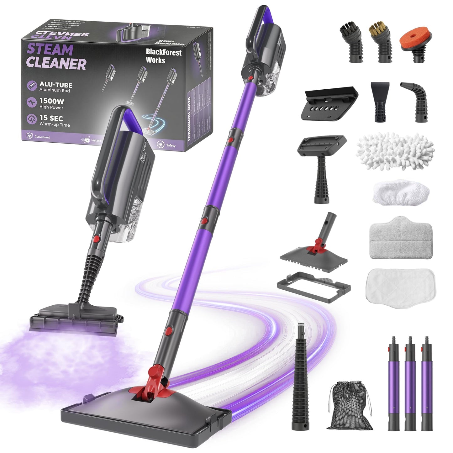 BlackForest Works 2-in-1 tvaika tīrītājs, 1500W rokas ierīce, 15 s uzsilšana, balts