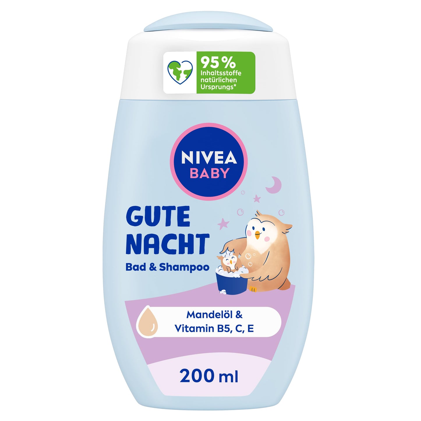 NIVEA BABY Gute Nacht vonios ir šampūnas, švelnus kūdikių šampūnas ir dušo želė su migdolų aliejumi, vitaminu E, B5 ir C, raminanti formulė su hipoalergine formule ir odai draugišku pH, 200 ml
