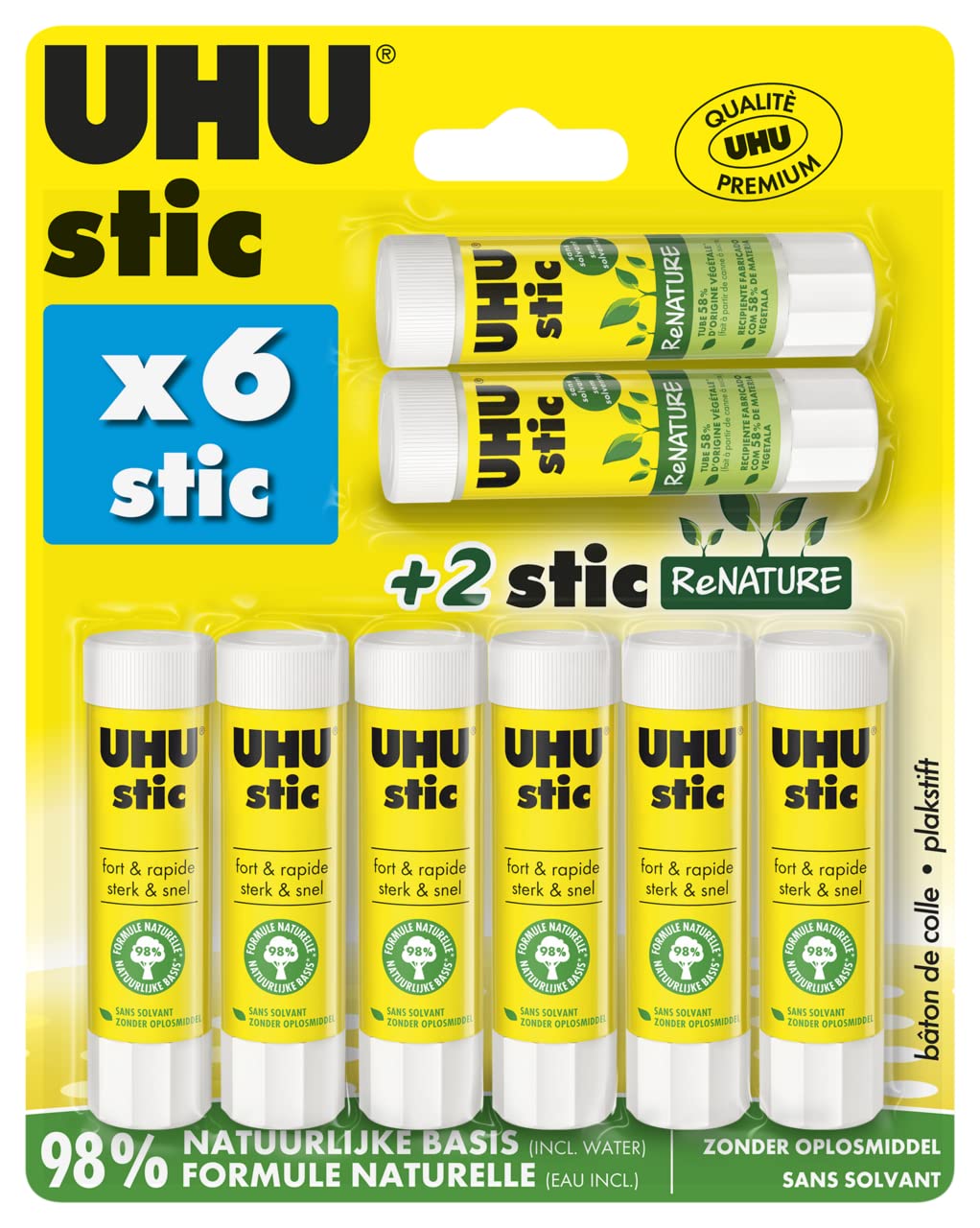 Līmes stienīši UHU Stic bez šķīdinātājiem, balti, 6 gab. pa 8,2 g + 2 Renature Stics 8,2 g