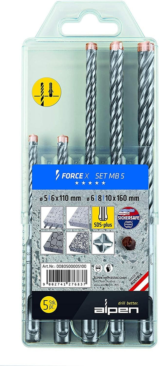 Alpen SDS-plus triecienurbju komplekts FORCE X MB 5 ar plastmasas kārbu, 5 daļ., 4 griežmalas, Ø 5.0 - 10.0mm 0080500005100