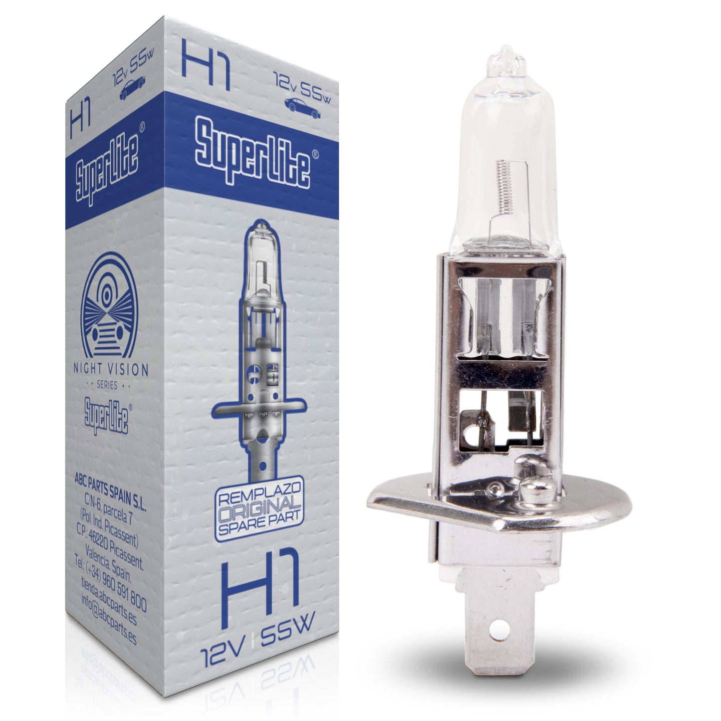 Superlite Halogēna H1 12V 55W spuldze galvenajiem prožektoriem Night Vision sērijā. E1 R37/03 apstiprinājums, kā arī RoHs un CE sertifikācija. Izcila ilgmūžība un spilgtums.