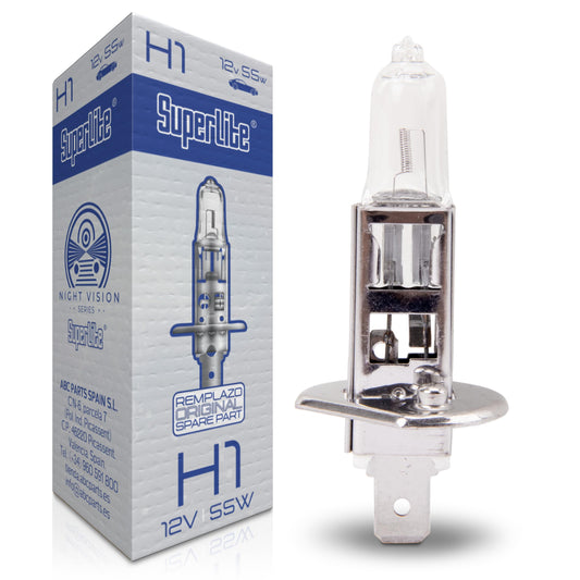Superlite Halogēna H1 12V 55W spuldze galvenajiem prožektoriem Night Vision sērijā. E1 R37/03 apstiprinājums, kā arī RoHs un CE sertifikācija. Izcila ilgmūžība un spilgtums.