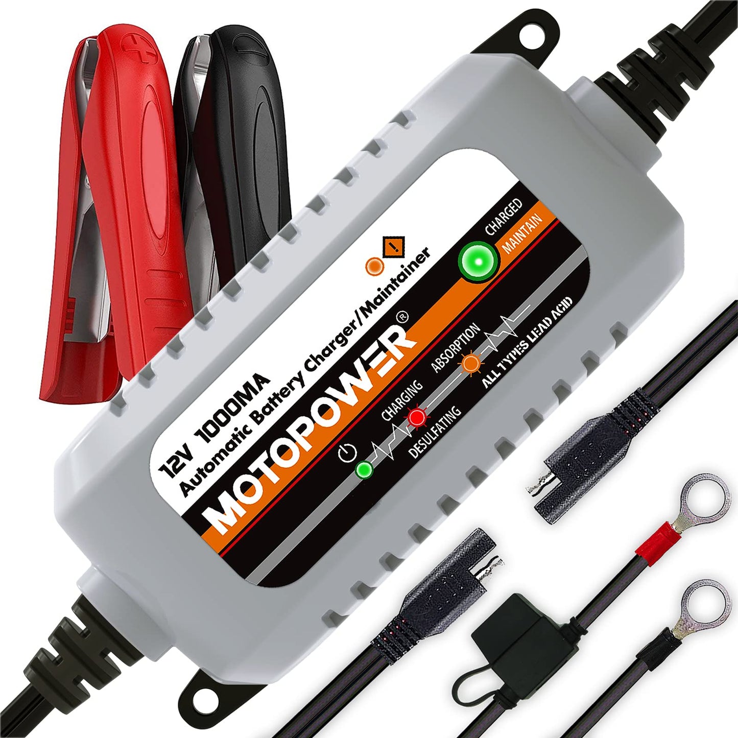 MOTOPOWER MP00205B 12V 1000mA automātiskais akumulatora lādētājs automašīnām, motocikliem un citiem transportlīdzekļiem