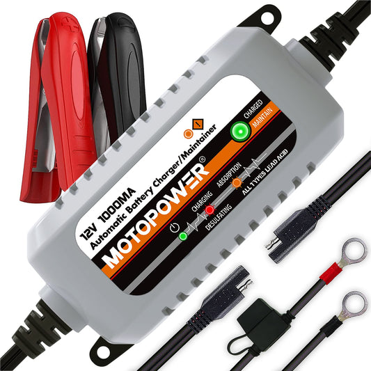 MOTOPOWER MP00205B 12V 1000mA automātiskais akumulatora lādētājs automašīnām, motocikliem un citiem transportlīdzekļiem