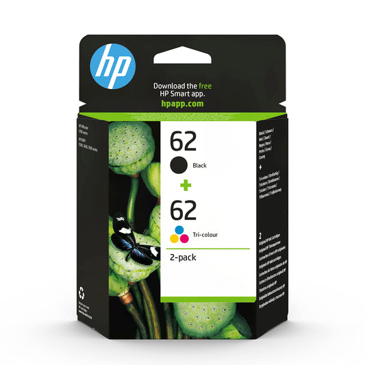 HP 62 Original Ink Cartridge Set - Includes 1 Black and 1 Color Cartridge for HP ENVY and OfficeJet Printers.