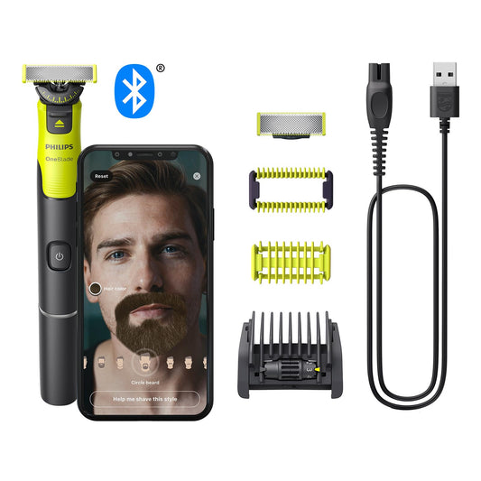 PHILIPS OneBlade 360 Sejai un Ķermenim ar lietotnes savienojumu - elektriskais skuveklis, trimmeris un ķermeņa kopšanas ierīce, 2x 360 asmeņi, regulējams trimmera uzgalis, 2x ķermeņa uzgaļi, sejai un ķermenim (QP4631/30)