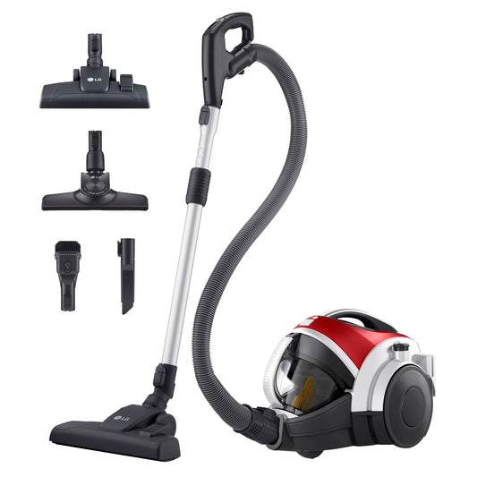 LG VK8506NHAG - Red compressor vacuum cleaner, 140W power, efficient dust removal, compact design.