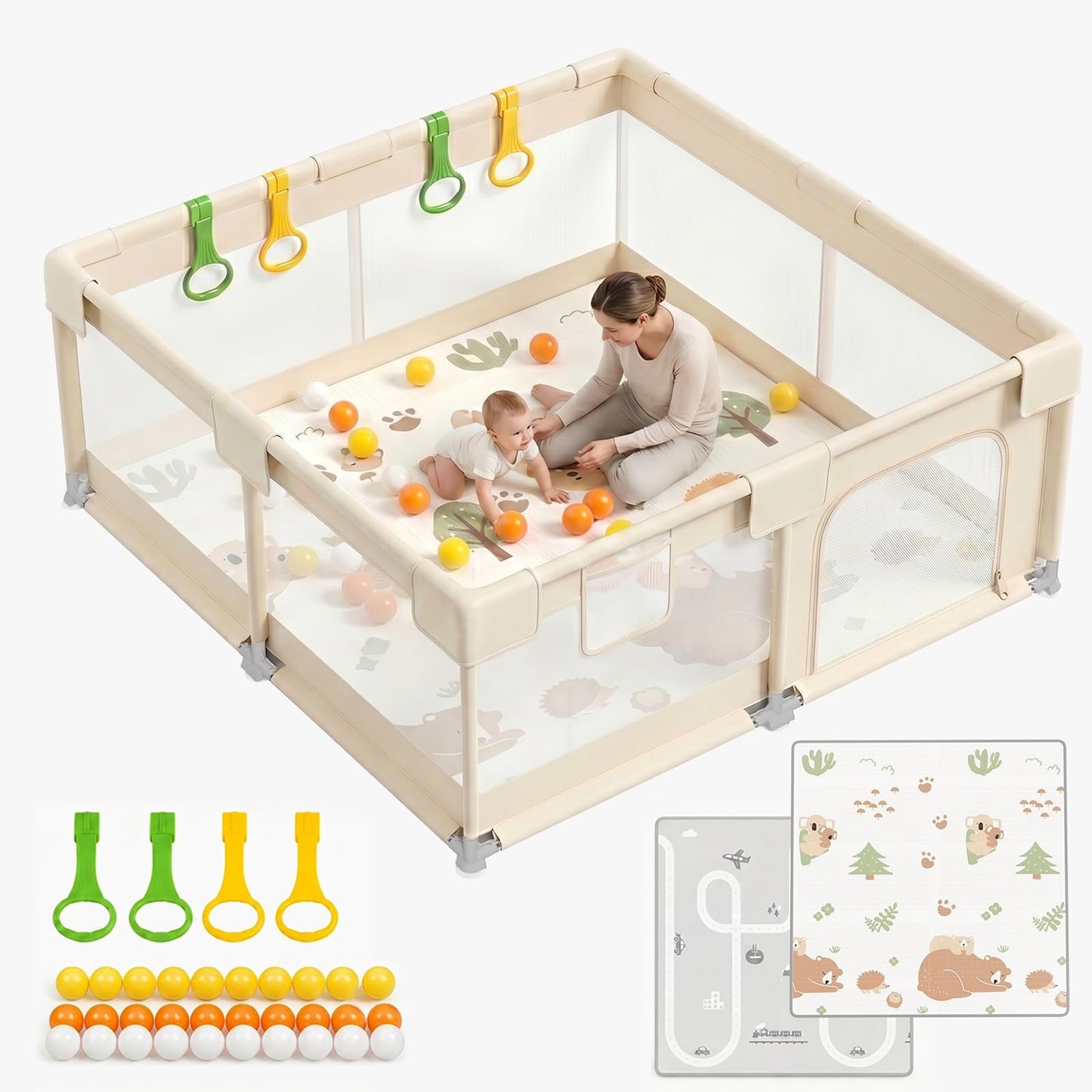 Baby sētiņa KUQAZ beige ar matraci - 150×150 cm bērnu sētiņa