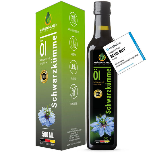 Melno ķimeņu eļļa Kräuterland, auksti spiesta, nefiltrēta, 500ml stikla pudelē