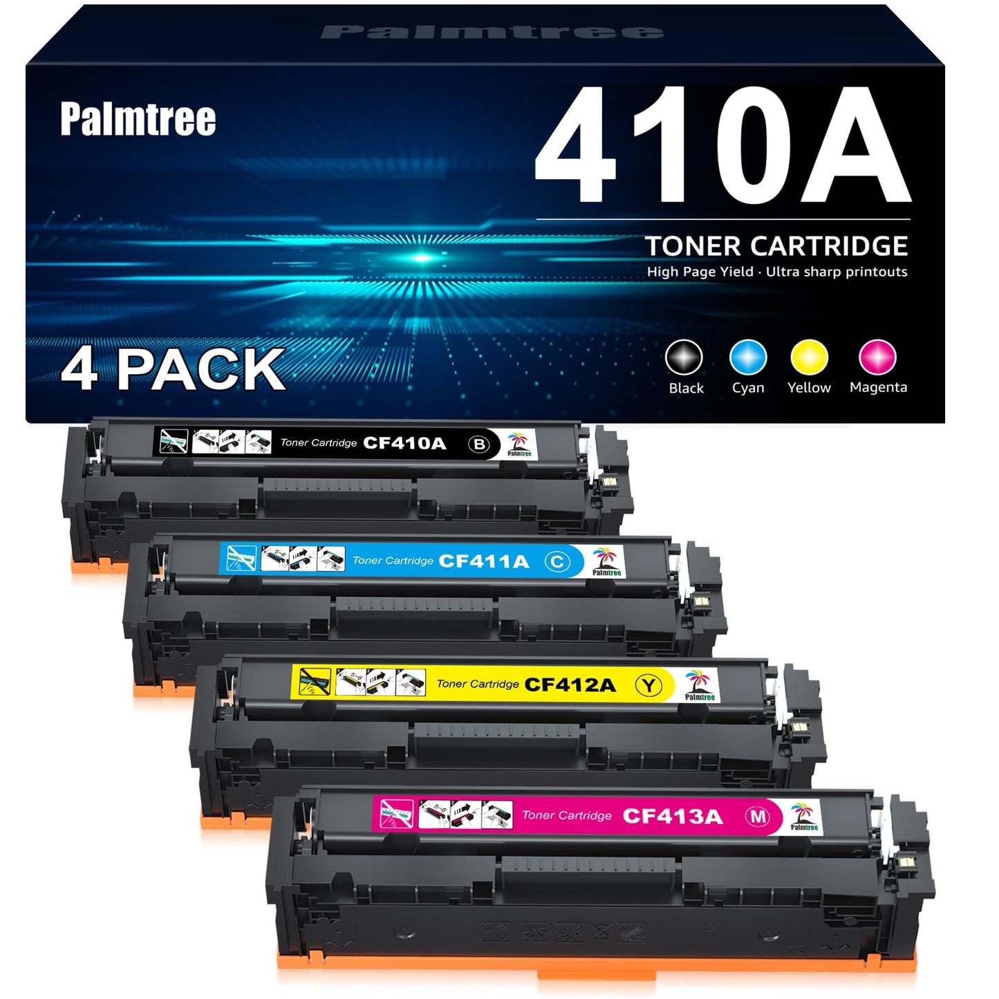 Palmtree CF410A Toner - Compatible with HP MFP M477fdw, includes black, cyan, yellow, magenta cartridges, high yield.