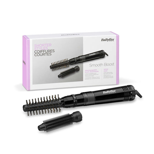 BaByliss Smooth Boost Wamluftbürste 668E ar 2 suku uzgaļiem un divu spriegumu ceļojumiem ārzemēs melnā krāsā (1 iepakojums)