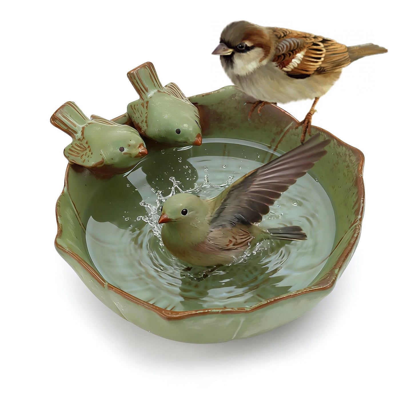 Putnu dzirdinātava balkonam, putnu vanna, ziemai izturīga, keramikas putnu barotava, bird bath ūdens trauks putniem ar 2 dekoratīviem putniem