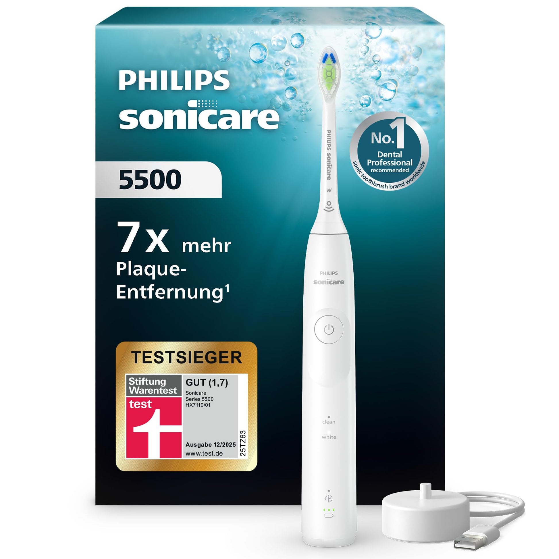 Philips Sonicare 5500 elektriskā zobu birste, skaņas zobu birste ar 1 intensitātes līmeni, spiediena kontrole, EasyStart, SmarTimer un BrushPacer, balta, modelis HX7110/01 [Jauna tehnoloģija]