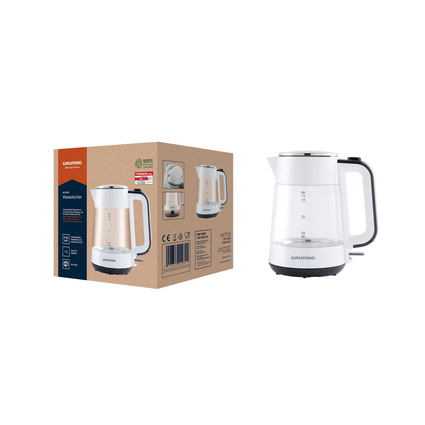 Grundig WK 5860 Kettle - 2400W, 1.7L glass, aluminum, white/black design, fast boiling, stylish kitchen appliance