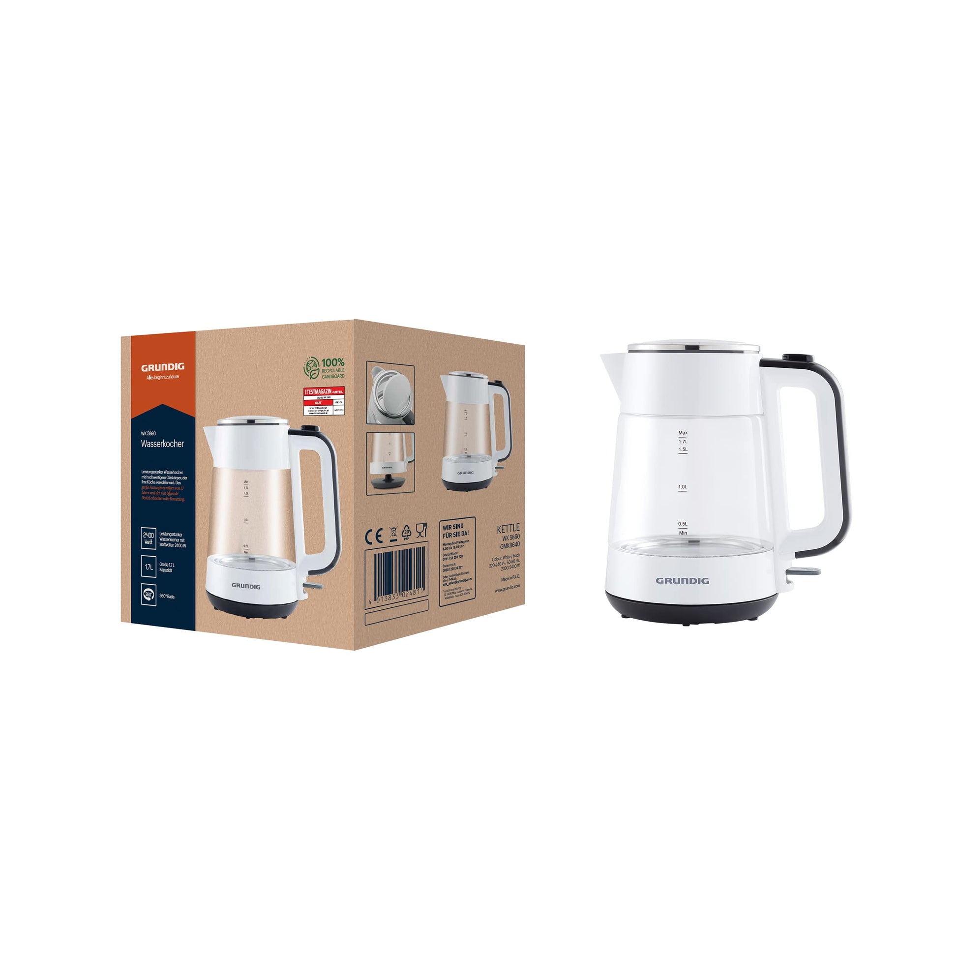 Grundig WK 5860 Kettle - 2400W, 1.7L glass, aluminum, white/black design, fast boiling, stylish kitchen appliance