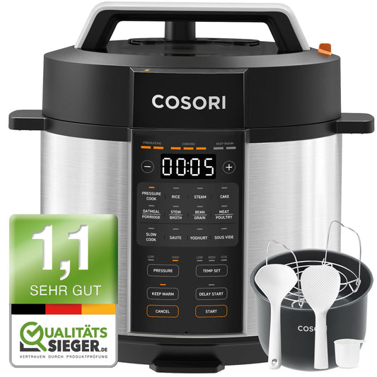 COSORI ātrspiedpots, 9-in-1, multicooker ar 14 funkcijām, 5,7 L spiedpots, rīsu vārītājs, tvaika vārītājs, jogurta gatavotājs, lēnās gatavošanas katls un sous vide, sautēšanas panna, receptes grāmata, nerūsējošais tērauds