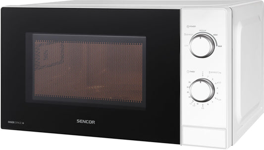 Sencor kompakta mikroviļņu krāsns, EasyClean, 20L - Ātra mikroviļņu krāsns ar 700W, 5 jaudas līmeņiem, griežamais šķīvis 25,5cm, taimeris līdz 35 minūtēm, higiēniska atkausēšanas funkcija - Balta