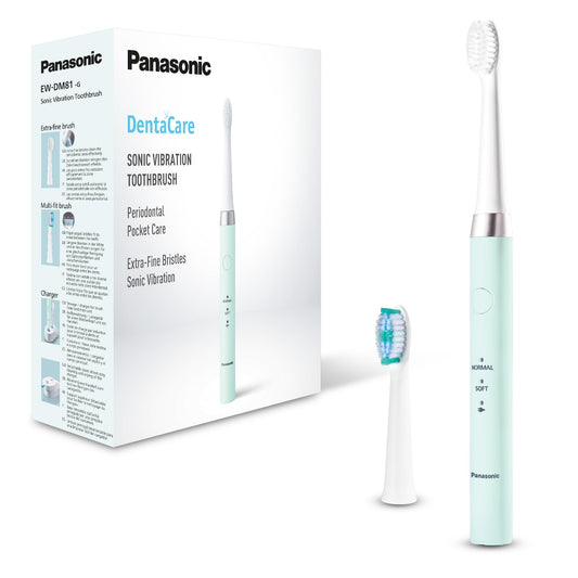 Panasonic EW-DM81-G503 uzlādējama elektriskā zobu birste, 1 ekstra smalka birste un 1 Multi-Fit birste, uzlādes stacija, skaņas vibrācija, 2 tīrīšanas režīmi, 30 minūšu akumulatora darbības laiks, LED akumulatora indikators, zaļa