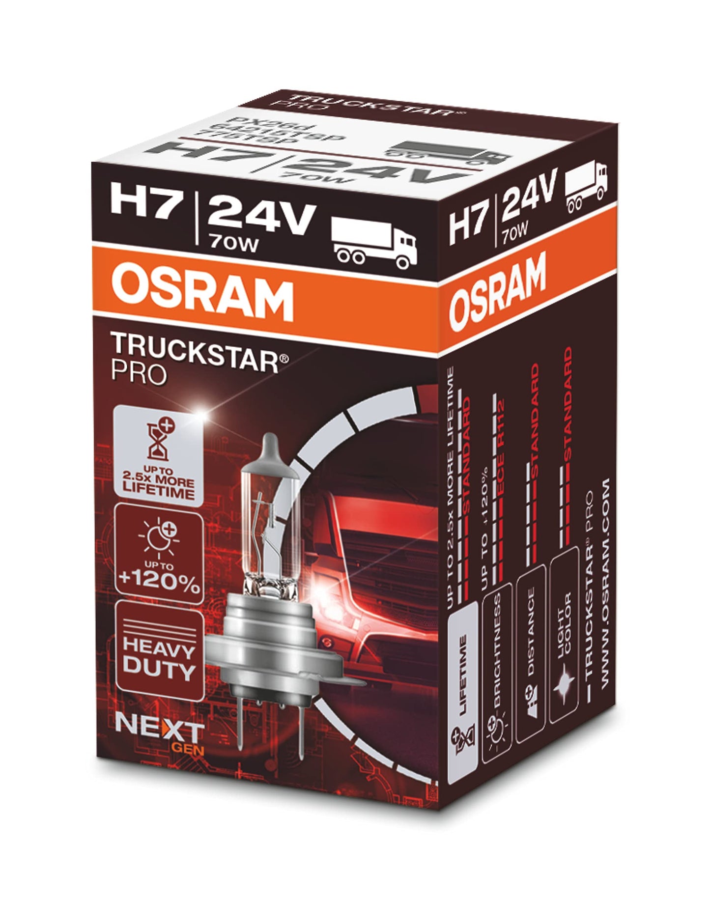 OSRAM 64215TSP Truckstar PRO H7, +120 procenti vairāk gaismas, halogēna priekšējās gaismas spuldze, 24V LKW spuldze, salokāmā kastē (1 spuldze)