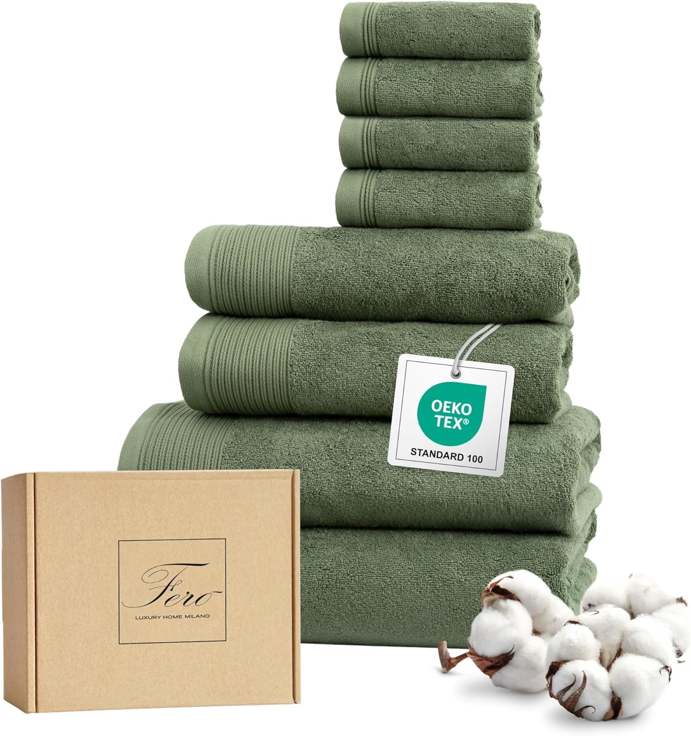 Frotē dvieļu komplekts Ferò, 8 daļas, kokvilna, Low Twist kokvilna, 550 g/m², Oeko-TEX, itāļu dizains, 2 dvieļi 70x140cm, 2 dvieļi 50x100cm, 4 viesu dvieļi 30x30cm, zaļš