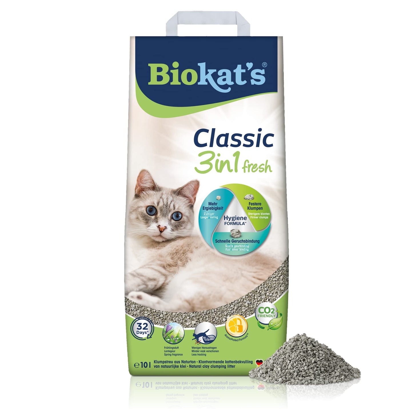 Kaķu smiltis Biokat's Classic fresh 3in1 ar pavasara aromātu, salipstošas, 3 dažādi graudu izmēri, 1 maiss (1 x 10 L)
