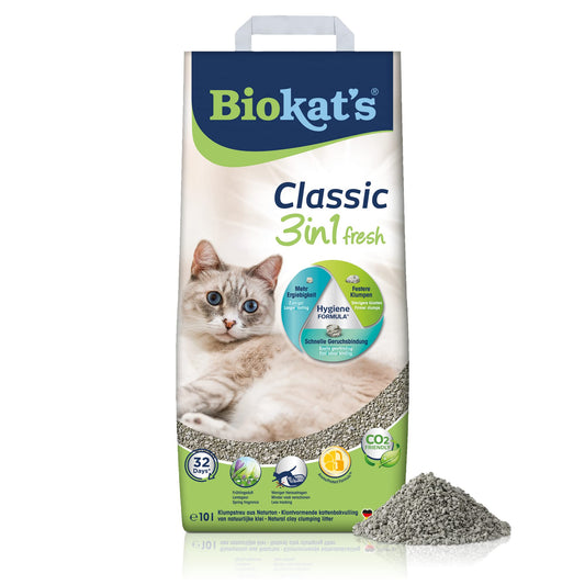 Kaķu smiltis Biokat's Classic fresh 3in1 ar pavasara aromātu, salipstošas, 3 dažādi graudu izmēri, 1 maiss (1 x 10 L)