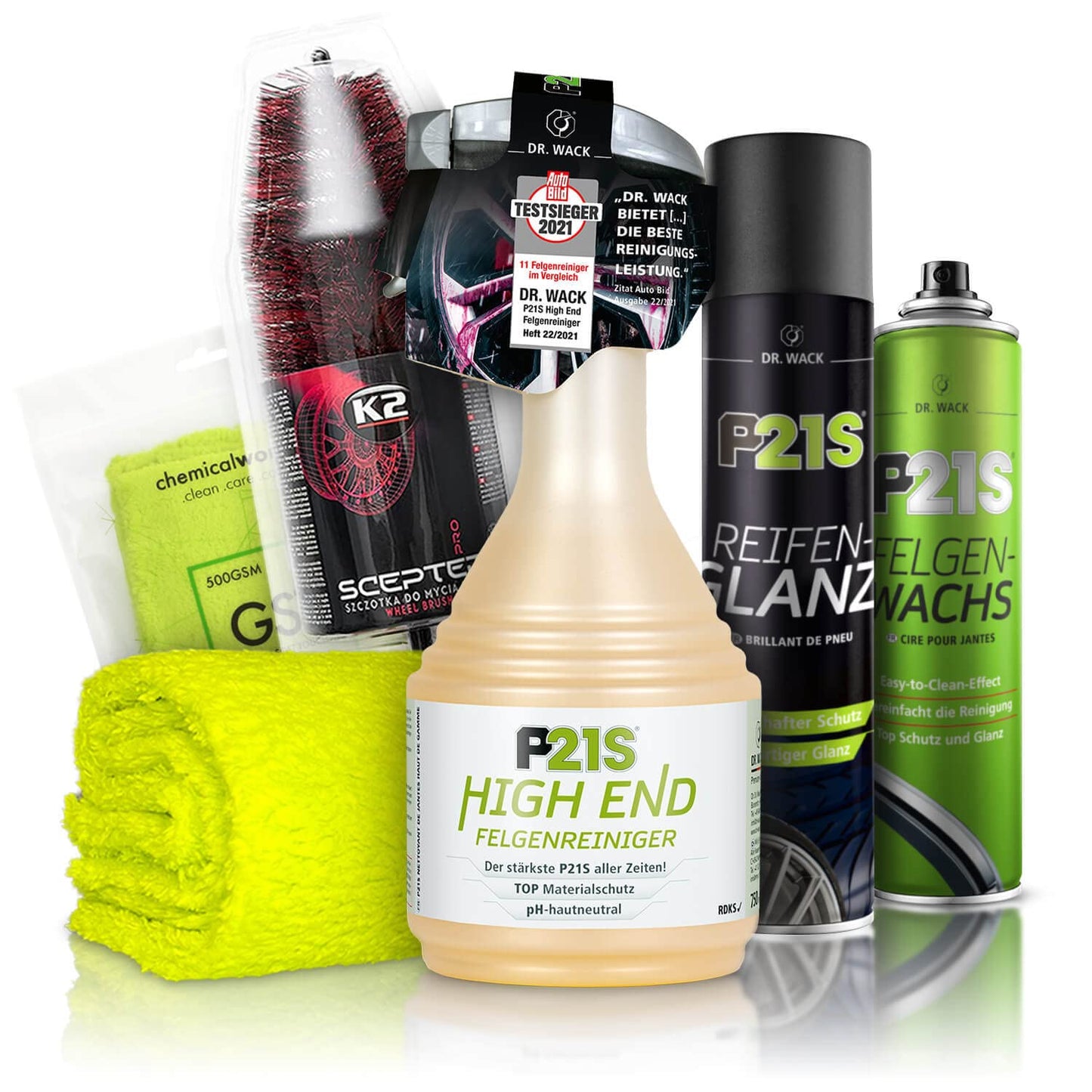 Disku tīrīšanas komplekts: Dr. Wack P21S HIGH END disku tīrīšana + K2 PRO disku birste + Dr. Wack disku vasks + Dr. Wack riepu spīdums + chemicalworkz Premium mikrošķiedras lupata 500GSM | 5 daļas