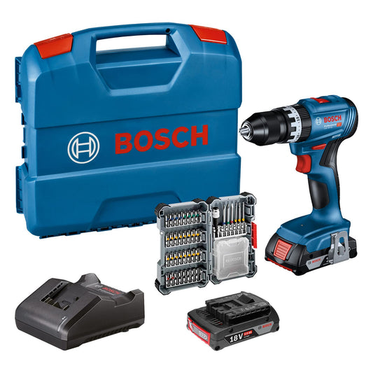 Bosch Professional 18V triecienurbjmašīna GSB 18V-45 - 1900 RPM, 2x 2.0Ah akumulatori, GAL 18V-20, L-kaste, Amazon komplekts