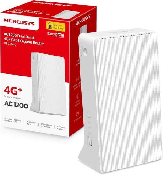 Mercusys MB230-4G LTE maršrutētājs, 4G+ maršrutētājs atbalsta SIM kartes, 4G+ Cat6 līdz 300Mbps, WLAN divjoslu AC1200, Gigabit-LAN/WAN pieslēgumi, Plug and Play, līdz 64 ierīcēm, viesu tīkls