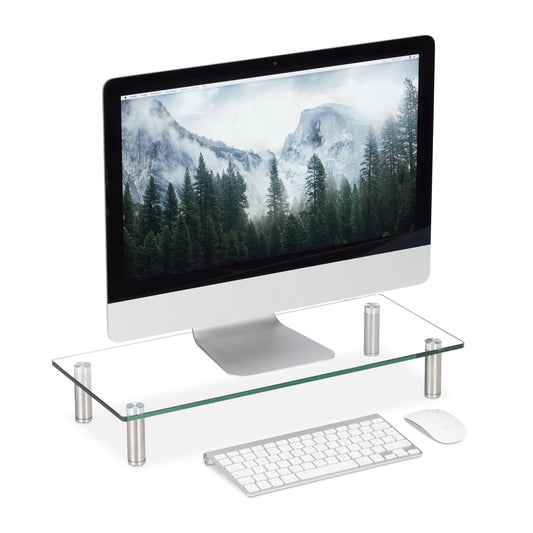 Relaxdays ekrāna statīvs stikla, TV uzlikums, klēpjdatora statīvs augstuma regulēšana 9 - 11 cm, Plats x Dziļums: 56 x 24 cm, caurspīdīgs