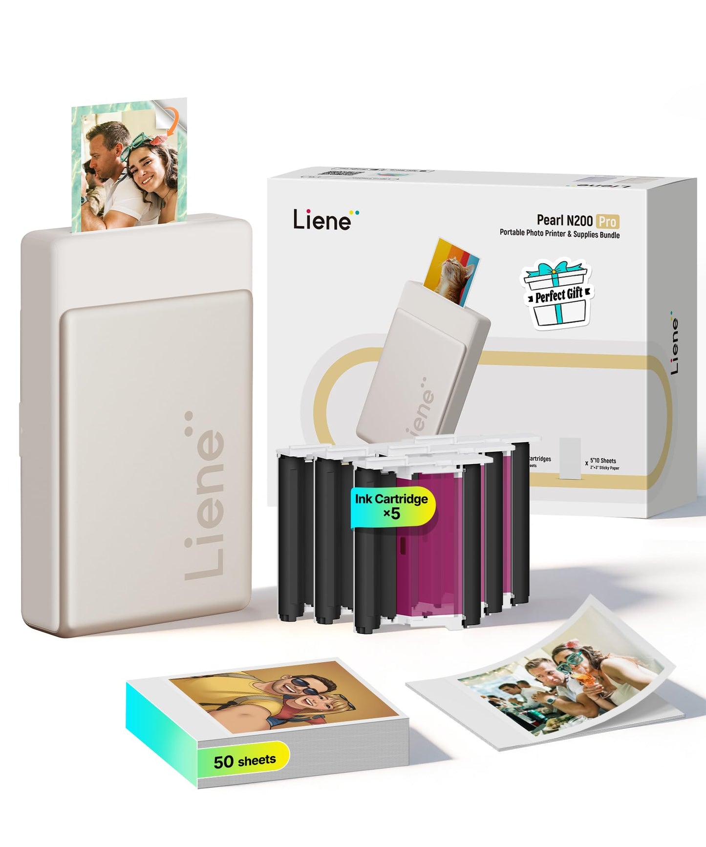 Foto printeris Liene Pearl N200 Pro portatīvs mini ar krāsu sublimāciju, 50 pašlīmējošas fotogrāfijas (5x7,6 cm), 5 krāsu lentes, Bluetooth, 300 dpi, tūlītējas bildes printeris iPhone un Android, akumulators, zelta