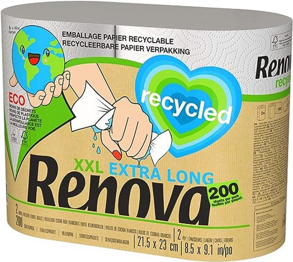 Papīra dvieļi Renova RECYCLED XXL, 2 ruļļi, balti, lieli