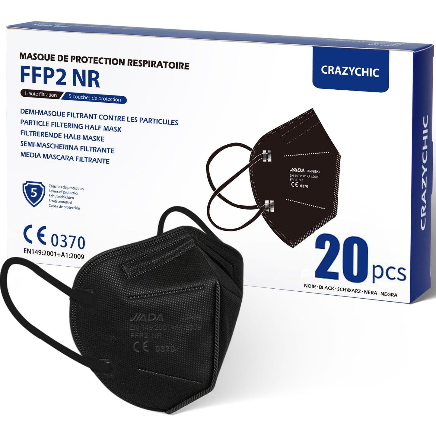 CRAZYCHIC - 20x FFP2 melnā respiratora maska - putekļu maska - sejas maska, 5 slāņi - EN149:2001+A1:2009 aizsargmaska ar augstu filtrāciju - higiēniski individuāli iepakota