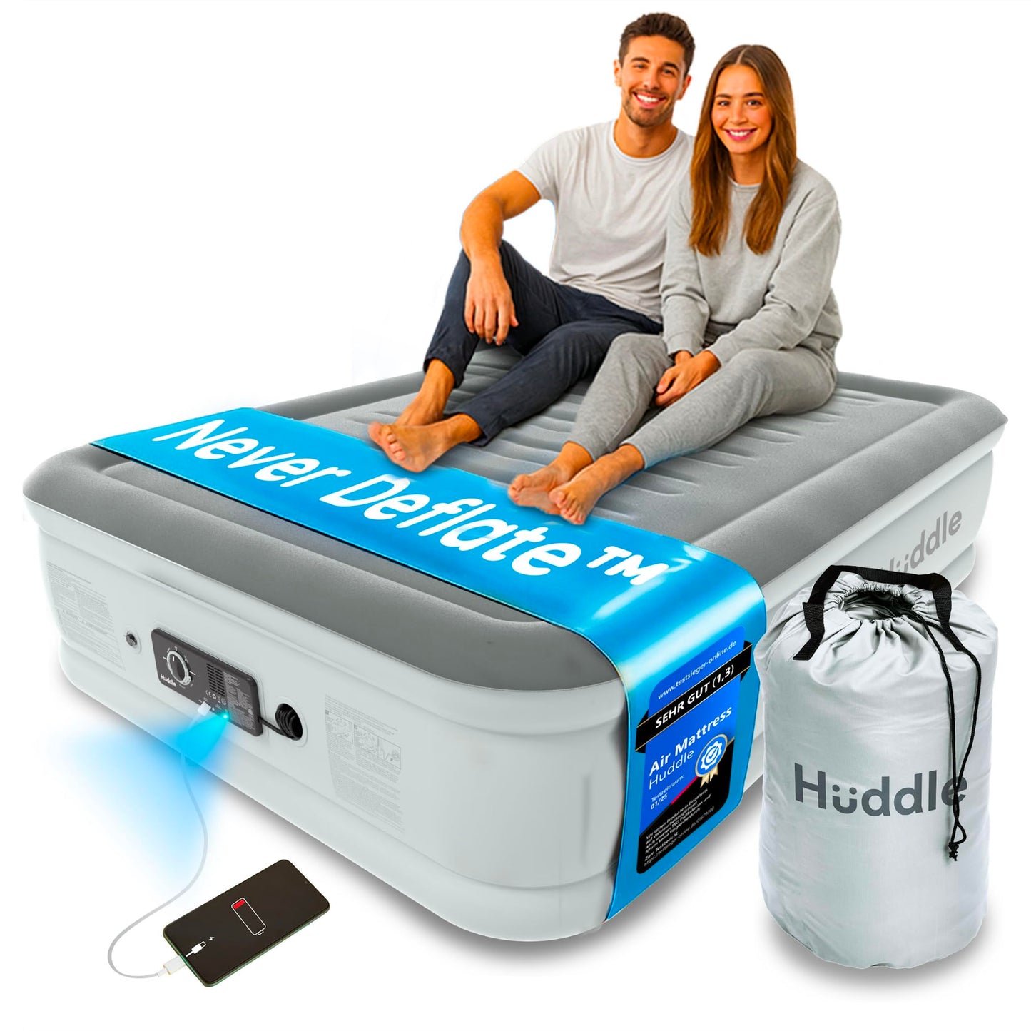 Gaisa gulta Huddle Never Deflate™ 2 personām, 135 x 190 cm, pašpiepūšams gaisa matracis ar pumpi, viesu un kempinga matracis, USB-C ports un naktslampa