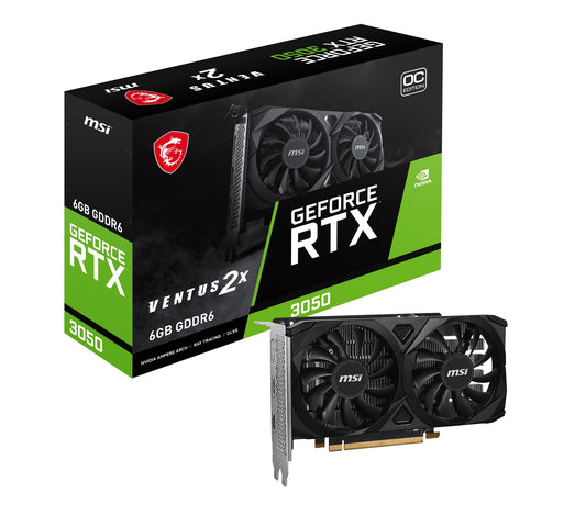 MSI GeForce RTX 3050 Ventus 2X E 6G OC - 6GB GDDR6, 14 Gbps, 96-bit, dual-fan cooling design for optimal performance.