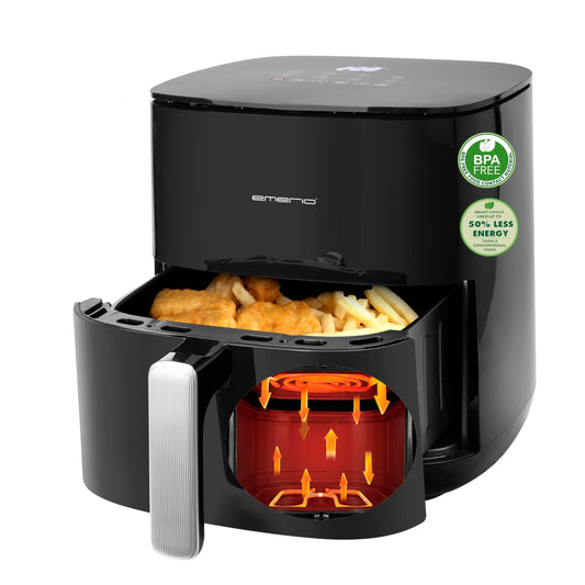 EMERIO karstā gaisa fritēšanas ierīce - 5L tilpums, divi nerūsējošā tērauda sildītāji, 8 programmas, 2000W, bez BPA.