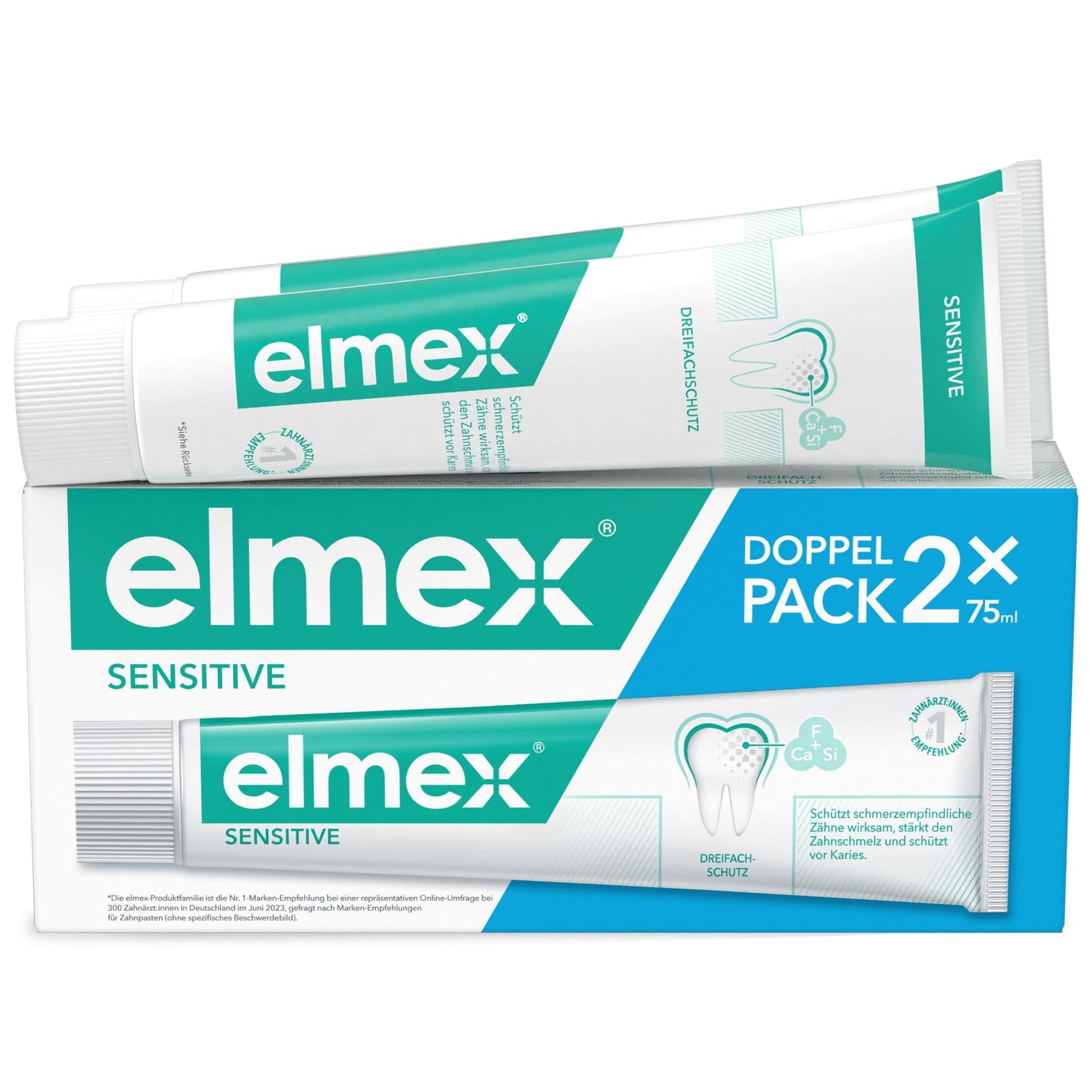elmex zobu pasta Sensitive 2x75ml – maiga zobu tīrīšana un aizsardzība sāpīgiem zobiem – klīniski apstiprināta stipriem zobiem un pret kariesu