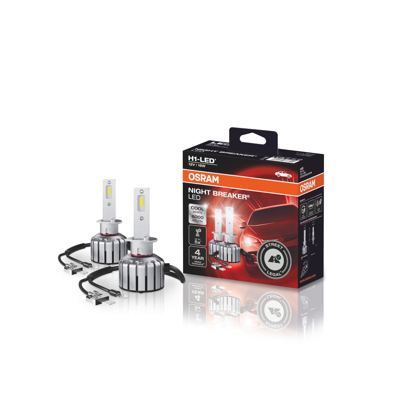 OSRAM NIGHT BREAKER H1-LED; līdz 40% mazāk akluma; pirmā ceļam atļautā H1 LED papildspuldze