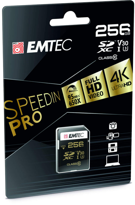 Emtec SpeedIN SD 256GB - UHS-I U3, Class 10, write speed up to 85 MB/s, read speed up to 95 MB/s