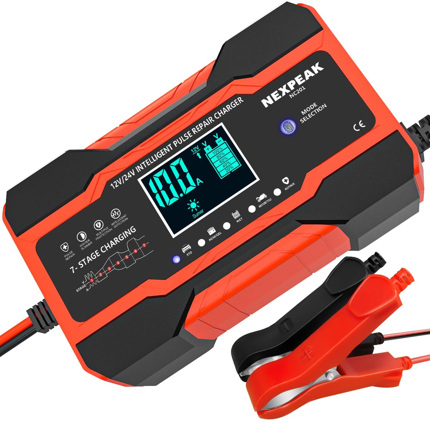 Automašīnas akumulatora lādētājs 10A 12V/24V Smart, pilnībā automātisks, ar temperatūras kompensāciju auto, kravas automašīnai, motociklam, zāles pļāvējam, laivai, jūras akumulatoriem, sarkans