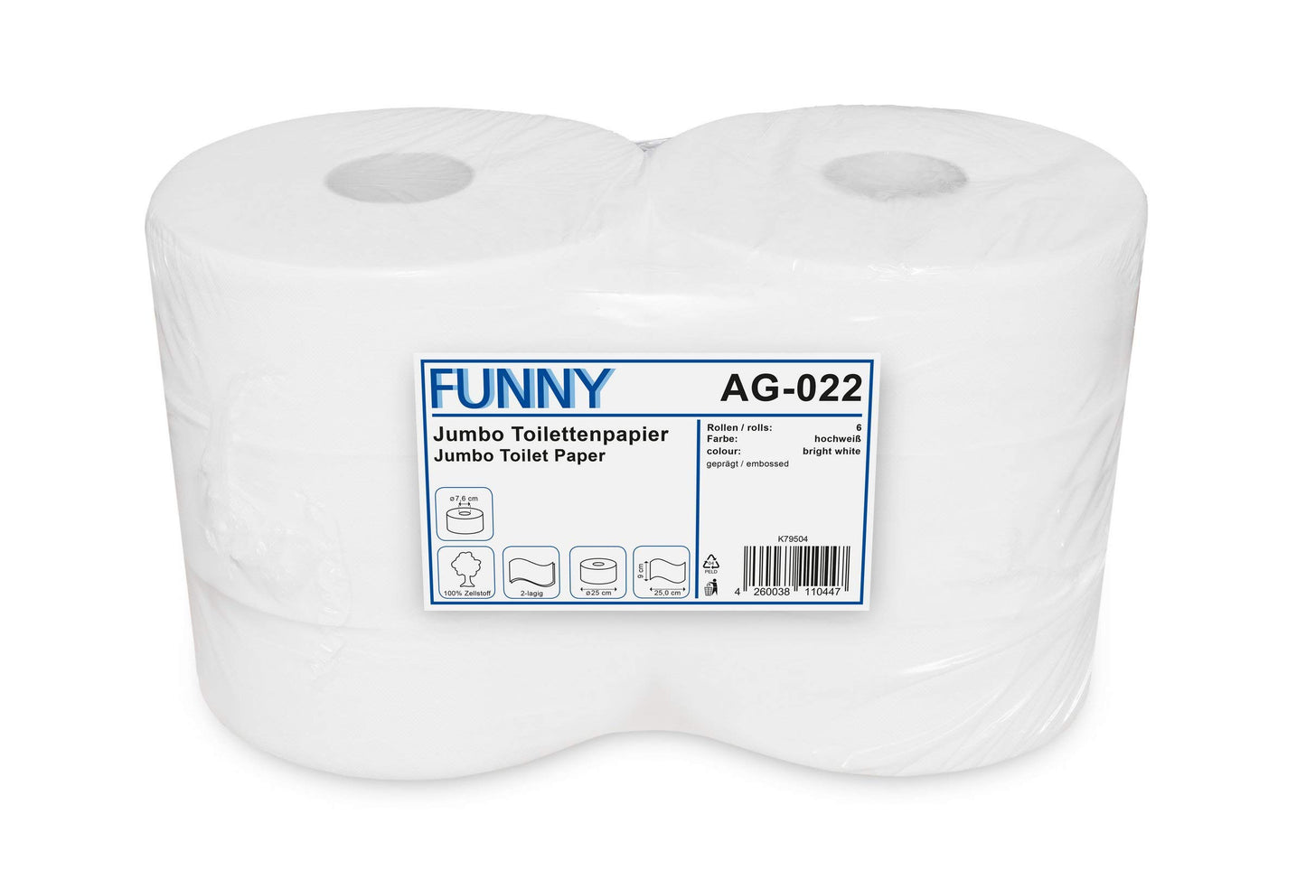 Funny Jumbo tualetes papīrs, 2 slāņi, īpaši balts, diametrs apm. 25 cm, 1 iepakojums (1 x 6 ruļļi)